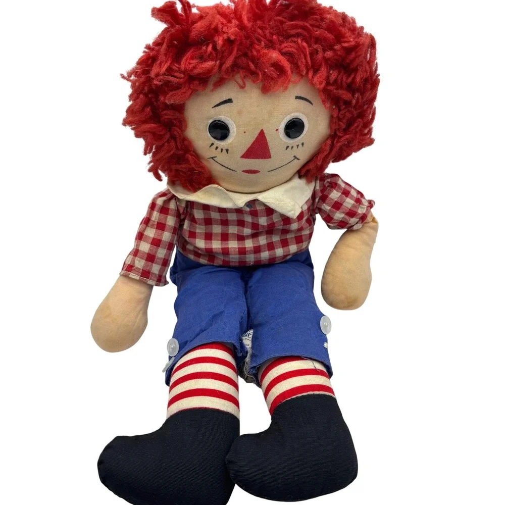 Vintage Knickerbocker Raggedy Andy Plush Doll Red Yarn Hair Gingham Shirt 17in